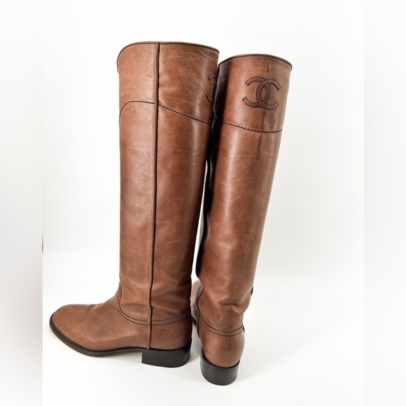 Authentic CHANEL Brown Calfskin Ascot Riding Boots Size 38 "CC" Logo - Picture 1 of 16